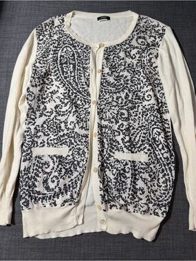 J. Crew Cream Cardigan with Black Paisley Print